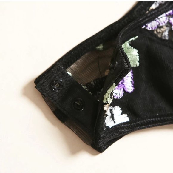 One-piece Black Floral Embroidery Bodysuit Lingerie - Picture 4 of 6